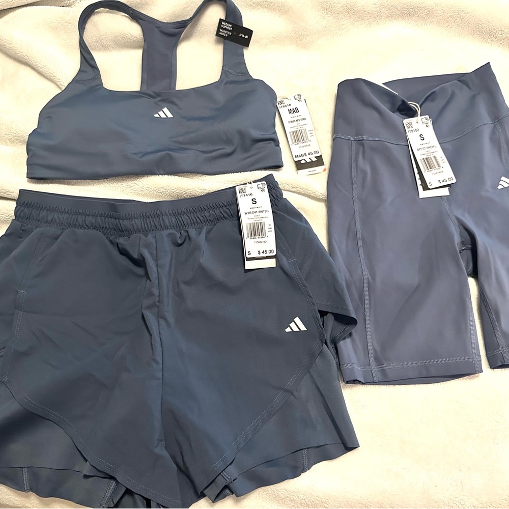 Adidas Slate Blue 3-Piece Active Set — Bra, Running Shorts & Bike Shorts